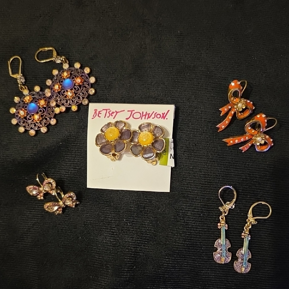 5 Pairs Of Betsey Johnson Colorful Earring Collection - Gold, Purple, Orange